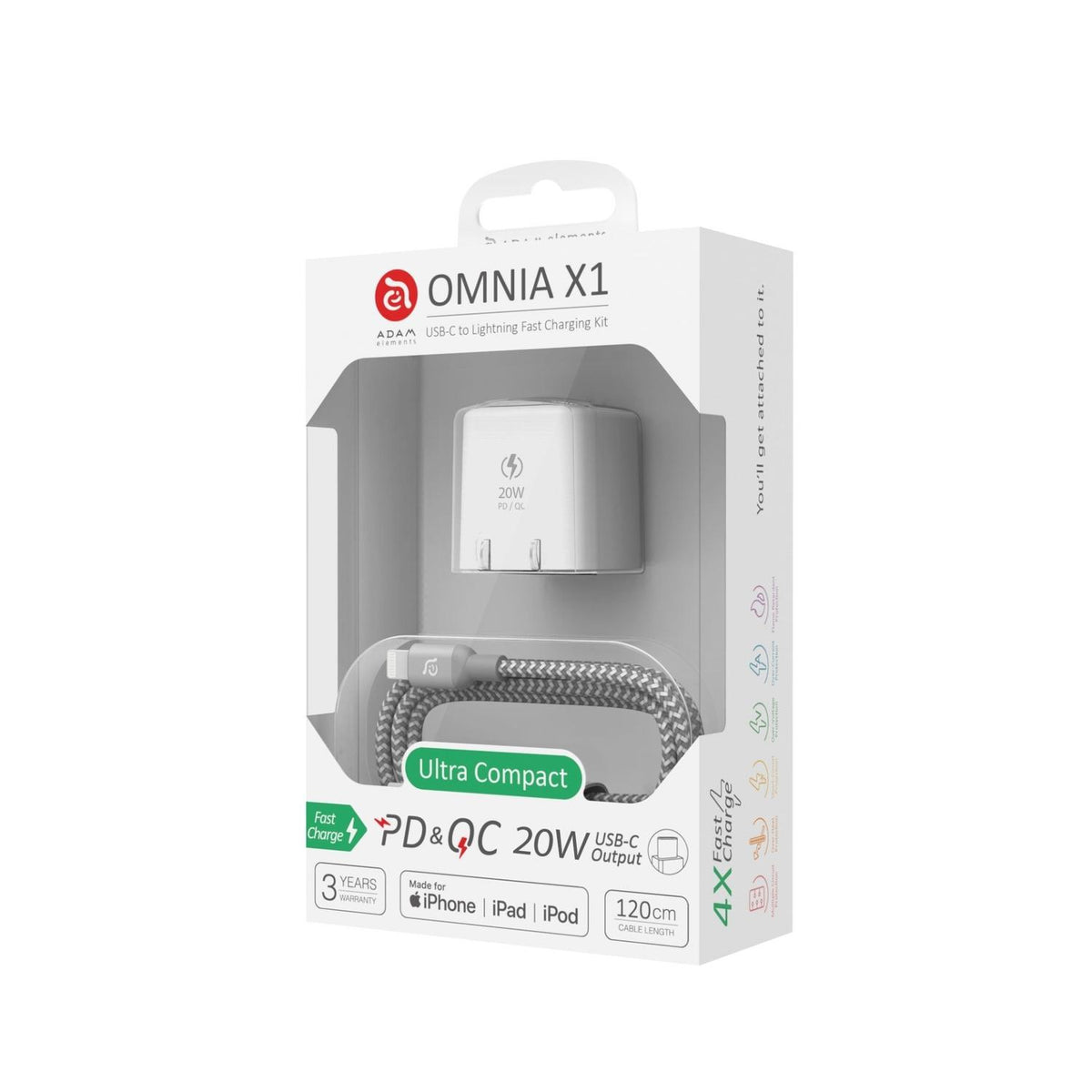 Adam Elements Bundle de Carga Kit Cargador de Pared OMNIA X1 y Cable USB-C a Lightning 20W - vertikal